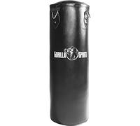 GORILLA SPORTS® Sac de Frappe - Rempli, avec Chaîne, 4 Mousquetons, Cuir, Acier, 27/37kg, 90cm/120cm, Ø 33cm, Noir - Articles d'Entraînement pour Boxe, Boxe Thai, Muay Thai, Sac Judo, Boxing Bag