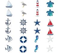 Gorise Lot de 24 pendentifs nautiques, décorations nautiques, étoiles de mer, ancre, phare, poisson, cocotier, mini filet de pêche, volant pour décoration murale de plage