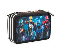 GORMITI - Trousse Triple école avec 3 Fermetures éclair et 3 Compartiments, Contient 18 Crayons de Couleur, 18 feutres et Autres Objets Pratiques pour l'école, 13 l x 19,5 h x 6,5 p