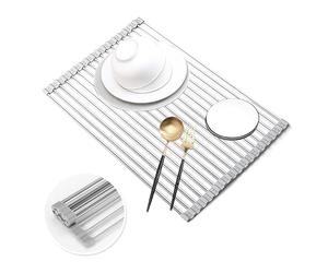 Gorocking Égouttoir à vaisselle en acier inoxydable 304, pliable et amovible, au-dessus de l'évier, tapis d'égouttement, égouttoir pour tasses (gris, 45 x 32 cm)