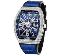 Gosasa Hip Hop Montre à quartz analogique pour homme avec strass et boîtier rectangulaire en acier inoxydable, V argent bleu