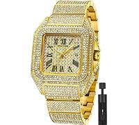 Gosasa Montre à quartz analogique tendance Hip Hop pour homme avec boîtier rectangulaire en acier inoxydable, B Or, Mode Hip Hop