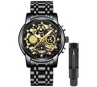 Gosasa Montre à quartz pour homme avec chronographe, bracelet en acier inoxydable, calendrier lumineux et étanche, noir/doré, Business Fashion Luxury