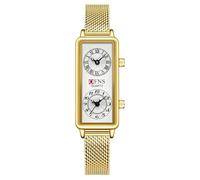 Gosasa Montre à quartz tendance pour femme, cadran rectangulaire avec deux fuseaux horaires, étanche à 30 m, Maille dorée