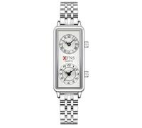 Gosasa Montre à quartz tendance pour femme, cadran rectangulaire avec deux fuseaux horaires, étanche à 30 m, Acier argenté