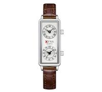 Gosasa Montre à quartz tendance pour femme, cadran rectangulaire avec deux fuseaux horaires, étanche à 30 m, Cuir marron argenté