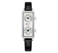 Gosasa Montre à quartz tendance pour femme, cadran rectangulaire avec deux fuseaux horaires, étanche à 30 m, Cuir noir argenté