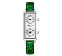 Gosasa Montre à quartz tendance pour femme, cadran rectangulaire avec deux fuseaux horaires, étanche à 30 m, Cuir vert argenté, Moderne