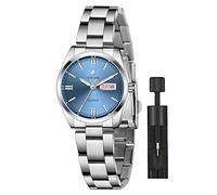Gosasa Montre analogique à quartz pour femme avec bracelet en acier inoxydable argenté, Bleu argenté, Montre analogique