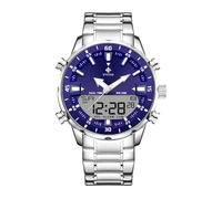 Gosasa Montre analogique à quartz pour homme - En acier inoxydable - Style sportif - Style décontracté - Style militaire - Étanche - LED, Bleu argenté, Tendance