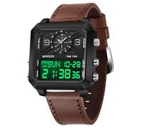 Gosasa Montre analogique numérique pour homme - Grand cadran - Étanche - Sport - Style décontracté - Bracelet en cuir - Double heure - Alarme - Affichage lumineux, Café noir., Tendance