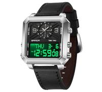 Gosasa Montre analogique numérique pour homme - Grand cadran - Étanche - Sport - Style décontracté - Bracelet en cuir - Double heure - Alarme - Affichage lumineux, noir/argenté, Tendance