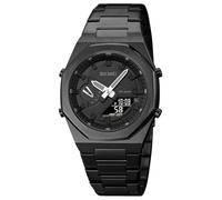 Gosasa Montre de luxe analogique numérique rétro octogonale rétro-éclairage LED étanche à 30 m avec bracelet en acier inoxydable doré et argenté, chronomètre, 5 alarmes, noir.