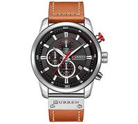 Gosasa Montre de sport à quartz chronographe pour homme avec bracelet en cuir marron et date étanche à 30 m, Argenté/noir, Montre à quartz