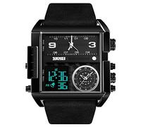 Gosasa Montre de sport numérique pour homme avec grand cadran carré et affichage LED analogique à quartz avec plusieurs fuseaux horaires et chronomètre étanche à 50 m, Montre noire complète, big,