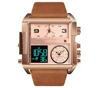 Gosasa Montre de sport numérique pour homme avec grand cadran carré et affichage LED analogique à quartz avec plusieurs fuseaux horaires et chronomètre étanche à 50 m, Or rose marron,