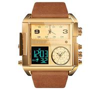 Gosasa Montre de sport numérique pour homme avec grand cadran carré et affichage LED analogique à quartz avec plusieurs fuseaux horaires et chronomètre étanche à 50 m, Marron doré., big,