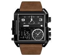 Gosasa Montre de sport numérique pour homme avec grand cadran carré et affichage LED analogique à quartz avec plusieurs fuseaux horaires et chronomètre étanche à 50 m, Ceinture Café Noir, big,