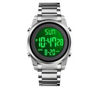Gosasa Montre numérique LED multifonction pour homme avec bracelet en cuir et date, alarme, montre décontractée en acier inoxydable, étanche, chronomètre, Argent Blanc S, Sport