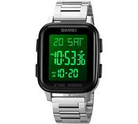 Gosasa Montre numérique multifonction classique pour homme et femme - Cadran carré - Compte à rebours - Étanche jusqu'à 50 m - Acier - Noir argenté, Acier - Argent / Noir