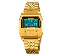 Gosasa Montre numérique rectangulaire rétro pour homme - Design classique et élégant - Multifonction - En acier inoxydable doré - Avec alarme, chronomètre, compte à rebours, doré, Vintage