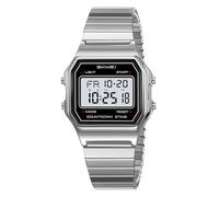 Gosasa Montre numérique unisexe à cadran carré rétro Y2K en acier inoxydable et bracelet extensible étanche à 30 m avec rétroéclairage LED, double heure, alarme, plusieurs options de couleur, Argent
