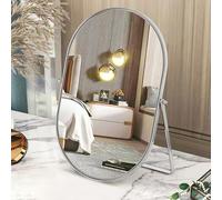 Miroir de Bureau Ovale avec Cadre en métal pivotant à 90° - Miroir de Table Portable Haute définition pour comptoir, Coiffeuse, Salon, Chambre à Coucher, Salle de Bain - Grand Argent