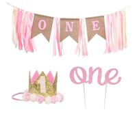 Gosknor Décoration Premier Anniversaire pour Fille, Bannière Chaise Haute Topper de Gâteau Pailleté & Set Chapeaux de Fête Motif Fleuri Rose Accessoires Fête pour 1 an Arrière-Plan Photo