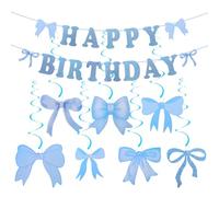 Gosknor Décorations Fête Bow Birthday, Bannière Happy Birthday Coquette Bleue avec Spirales Suspendues Nœuds Guirlande Nœuds Pailletés pour Filles Femmes Fête Naissance Fournitures Décoration