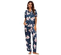 GOSO Ensemble pyjama pour femmes - Set de pyjama satin pour femmes avec boutons, haut à manches courtes et pantalon, vêtements de nuit doux pour dames, M