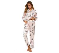 GOSO Pyjama en satin pour femme, pyjama boutonné à manches longues pour femme, ensemble de vêtements de nuit doux, Rose (03), L
