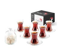 GOSOYO Le Service à thé Turc Traditionnel 19 Pièces Comprend ; 6 Verres Tasses à Thé (135 ml), 6 Soucoupes, 6 Cuillères en Acier Inoxydable et Sucrier avec Couvercle en Verre