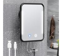 Gospire Miroir de douche chauffant sans buée pour rasage avec lumière, batterie rechargeable et luminosité réglable, ventouse et support de rasoir, amovible et sans perçage, étanche pour salle de bain