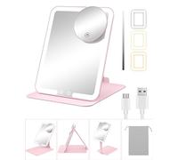 Gospire Miroir de maquillage de voyage avec lumières et grossissement x10, miroir de table compact portable avec support réglable, 3 lumières colorées, miroir de courtoisie lumineux LED rechargeable -