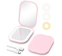 Gospire Miroir de maquillage de voyage éclairé avec éclairage et grossissement 1X/3X, gradation progressive et lumières réglables en trois couleurs, batterie rechargeable et format compact pour le sac
