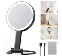 Gospire Miroir de maquillage de voyage grossissant avec lumière 10x 1x, miroir de courtoisie lumineux 2 côtés rechargeable 3 en 1 à suspendre à la main, 3 lumières à intensité variable, noir