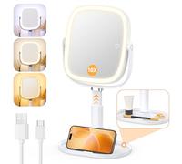 Gospire Miroir de maquillage lumineux avec lumières et grossissement 1x/10x, base plateau et hauteur réglable pour bureau, batterie rechargeable 4000 mAh, 3 lumières de couleur et fonction mémoire