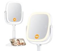 Gospire Miroir grossissant 1X/10X avec lumières, miroir de maquillage éclairé réglable en hauteur avec grossissement pour bureau, support de téléphone caché, 4000 mAh, 3 modes de couleur pour