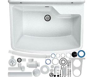 GOSPO Bassin d'évier, 61 x 44 x 23,5 cm, en plastique, avec trop-plein, siphon, évier, avec accessoires, buanderie, lavabo de jardin (blanc/gris)