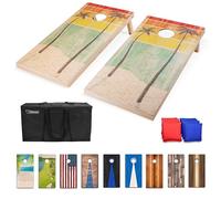 GoSports Set de Cornhole en Bois - Taille Réglementaire 1.20 m X 60 cm - Motif Plage Rétro, Inclut 2 Planches, 8 Sacs de Lancer, Un Sac de Transport et Les Règles du Jeu Français Non Assurant