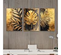 GOSRD Affiche abstraite de feuilles tropicales dorées - Décoration luxueuse et élégante sur toile, style classique jungle botanique (30x50cm-3 pièces)