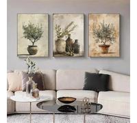 GOSRD Affiche de peinture sur toile avec branches d'olivier méditerranéennes antiques, plante verte, cuisine rustique, vase élégant, décoration d'intérieur, 50 x 70 cm, x 3, sans cadre