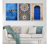 GOSRD Affiche de ville bleue marocaine, architecture arabe, impressions sur toile, peinture, voyage, paysage, art mural, décoration d'intérieur (30 x 40 cm, 3 pièces)