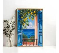 GOSRD Affiche de voyage sur toile représentant une porte bleue citronnée, style méditerranéen italien, décoration murale de cuisine (50 x 75 cm)