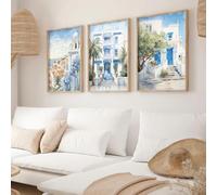 GOSRD Affiche sur toile représentant une ville grecque, une côte, une mer méditerranéenne, une aquarelle simple, pour salon (60 x 90 cm, 3 pièces)