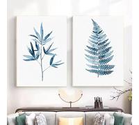 GOSRD Affiches et impressions sur toile représentant une feuille abstraite rétro bleue et tranquille, décoration murale pour salon, chambre à coucher (60 x 90 cm, lot de 2)