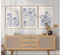 GOSRD Affiches sur toile à motifs de fleurs et d'herbe bleue, lignes rétro classiques et épurées (30 x 50 cm - 3 pièces)