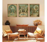 GOSRD Ensemble de 3 impressions sur toile représentant une cour marocaine, couleur turquoise, style architectural, pour la décoration murale de votre salon (60 x 80 cm - cadre intérieur).