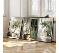 GOSRD Ensemble de trois toiles imprimées représentant des oliviers, un paysage méditerranéen ensoleillé, des portes vertes et des plantes en pot (50 x 75 cm - 3 pièces).