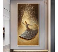 GOSRD Impression sur toile à effet visuel, représentant un derviche tourneur moderne et abstrait avec calligraphie dorée, idéale pour la décoration du salon (50 x 90 cm).
